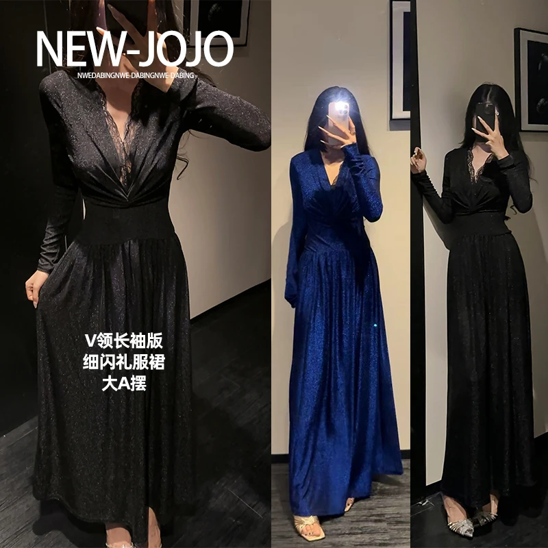 g0/F014/【JOJO】【有运费险】气质V领蕾丝细闪收腰遮肉A摆礼服裙