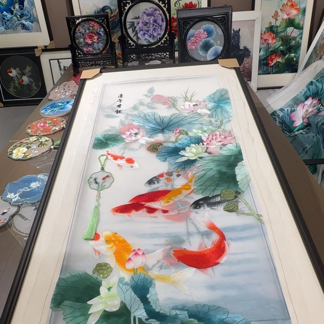 清***笑刺绣连年有鱼画心50×100成品➕吊坠