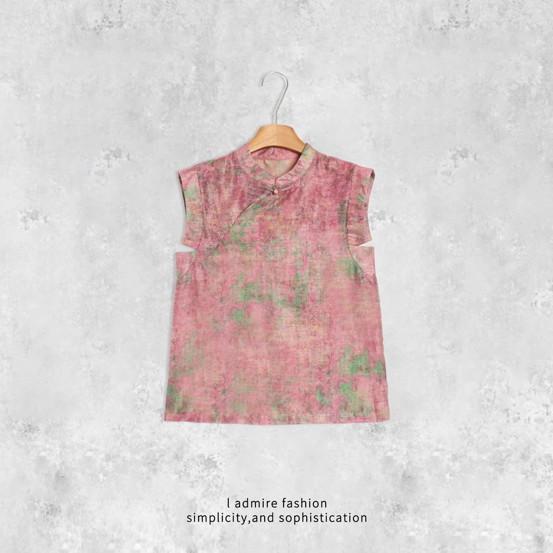 温温【彩绘】晕染网纱短袖T恤女夏季立领薄款衬衫上衣 20016