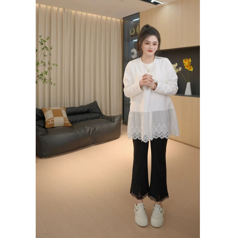 【胖佳佳】叠穿神器 加长款花边T恤春季百搭圆领上衣女H625Z00536