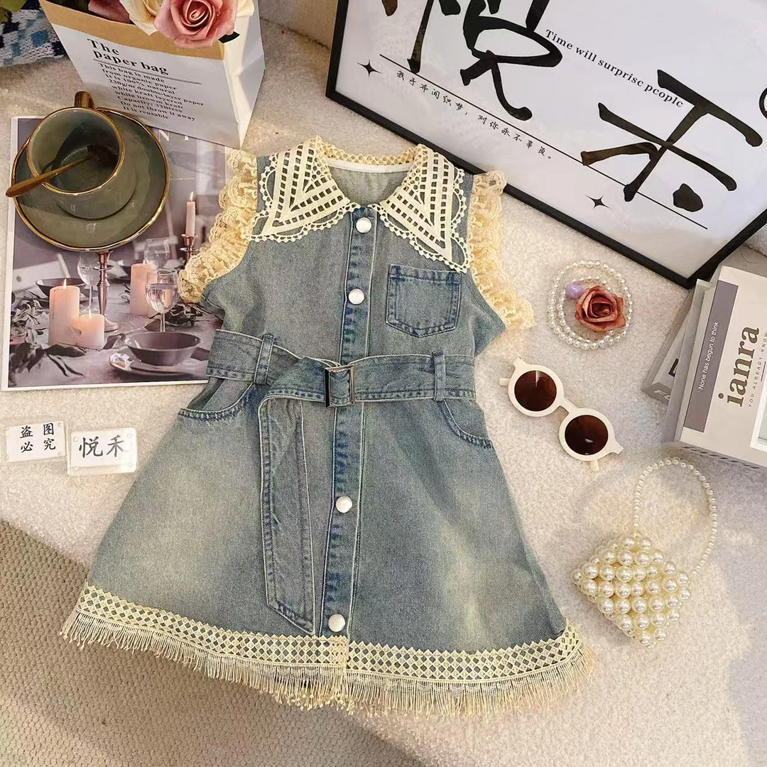 YH新款夏季女童韩版蓝色时尚无袖女宝洋气牛仔洋气连衣裙80285