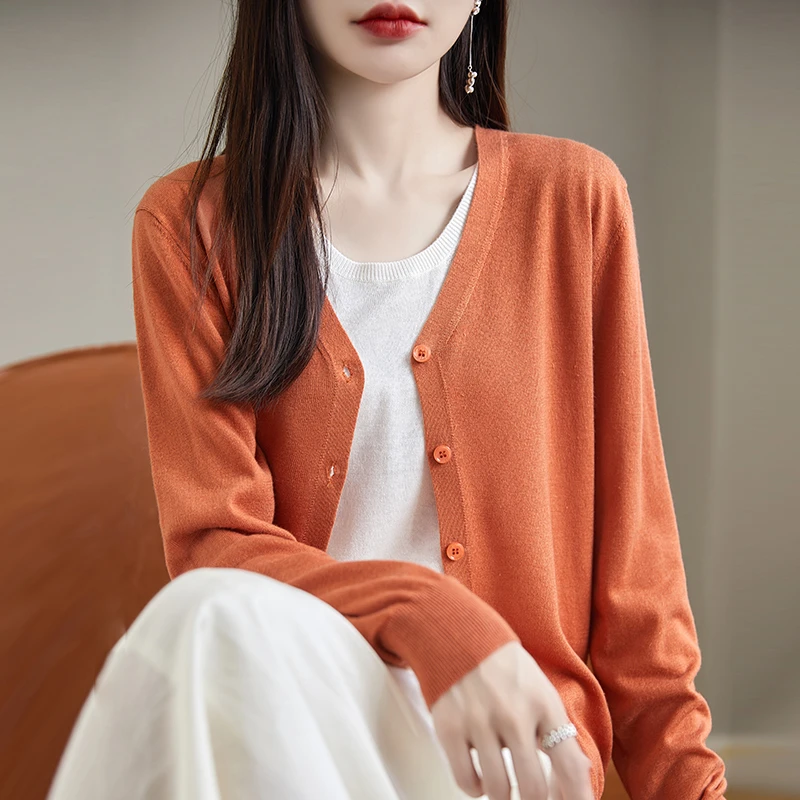 【桑蚕丝+羊毛】百搭款！薄款春夏v领针织开衫外套女外搭上衣