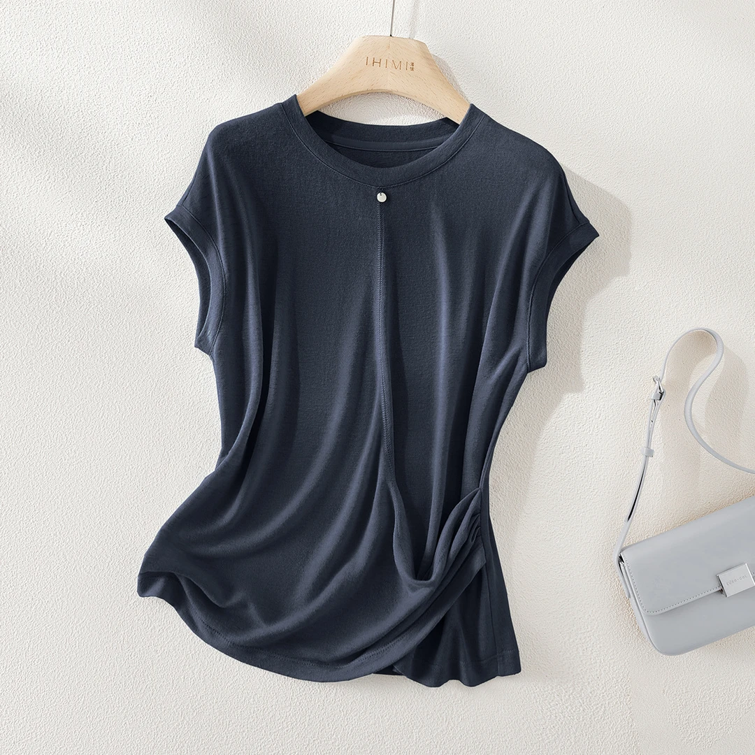 IHIMI/海谧2025夏季新款女装简约气质时尚扭结设计感针织T恤上衣