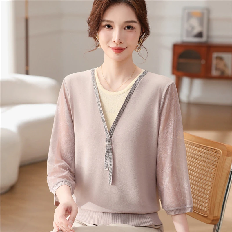 妈妈春装洋气七分袖针织上衣纱袖打底小衫中老年人女夏季冰丝T恤