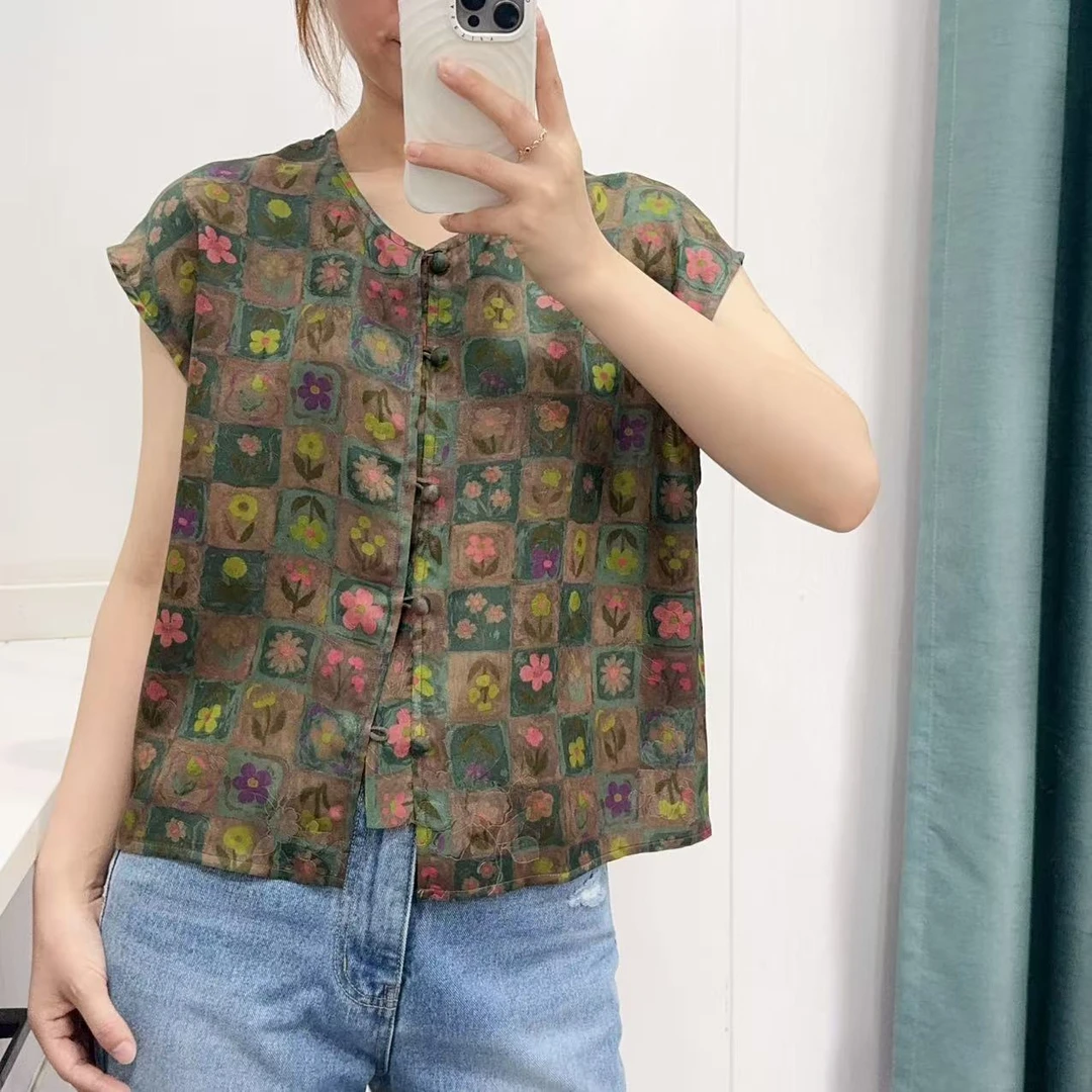 连连看！100桑蚕丝百搭气质对襟T袖短款休闲上衣女宽松