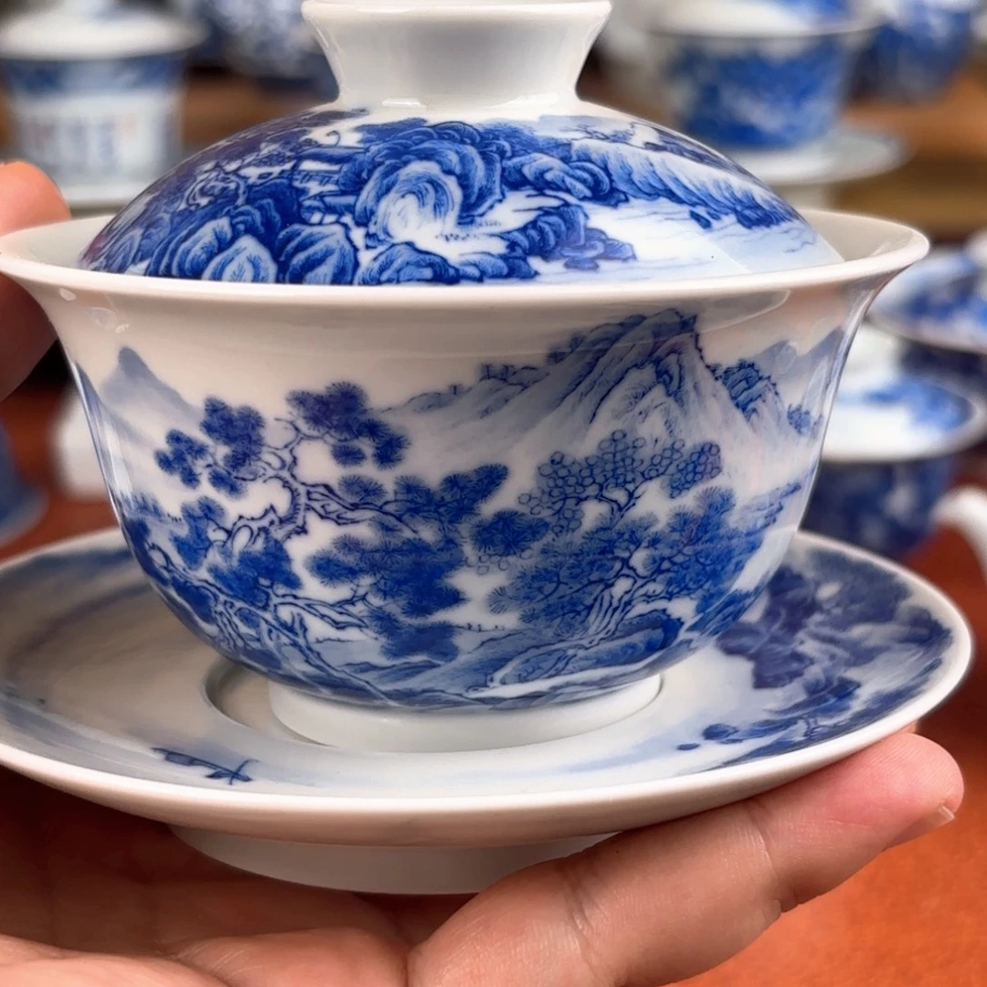 柴窑 景德镇纯手工手绘三才盖碗