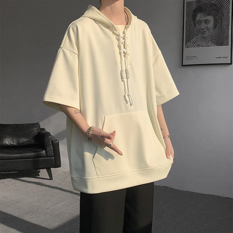 夏季新款设计感连帽短袖t恤学生大码休闲百搭宽松潮ins半袖T恤男