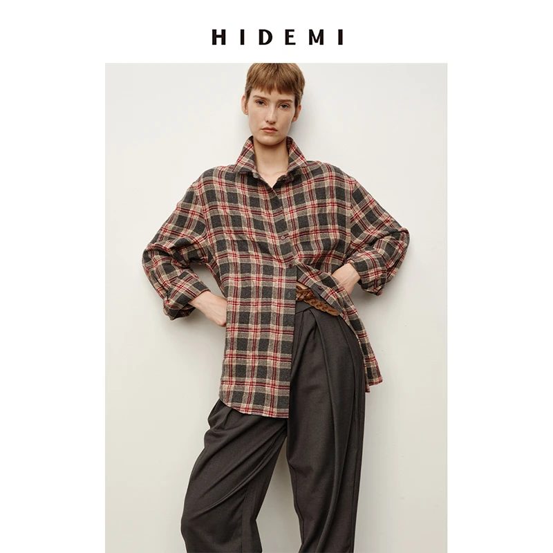 HIDEMI进口羊毛色织格纹空气感纱线做旧水洗经典宽松知识分子衬衫