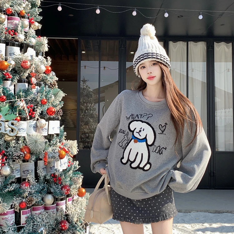 【鱼白专属】韩版大码胖mm加绒一体绒小狗图案秋冬长袖显瘦卫衣