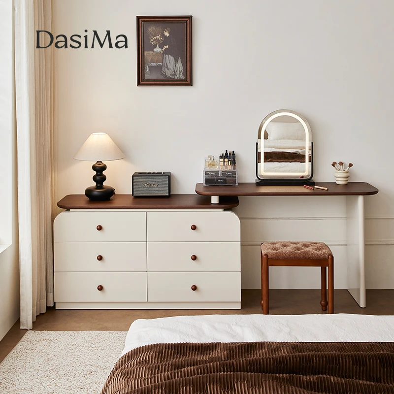 大司马法式奶油风梳妆台斗柜一体桌卧室出租房用实木梳妆台化妆桌