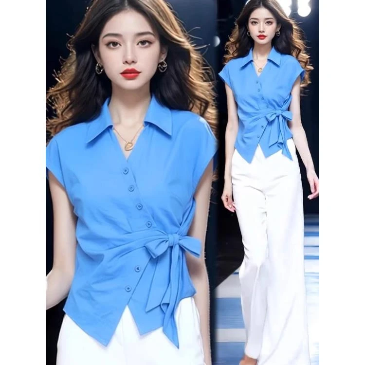 设计绑带套装POLO领短袖衬衫夏季韩系气质显瘦洋气休闲减龄上衣
