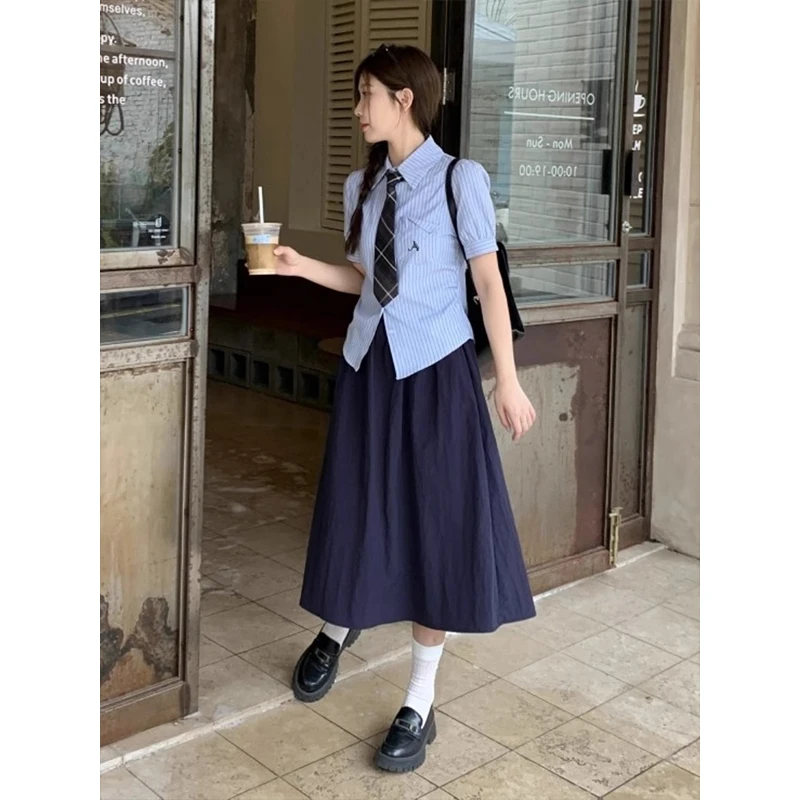 半身裙小个子a字裙日系文艺白色中长款百褶裙小众女夏季大码显瘦