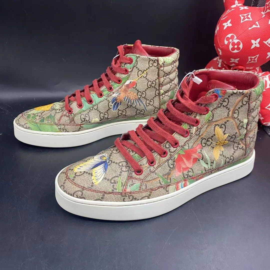 95新 GUCCI/古驰 棕老花时尚百鸟朝凤高帮板鞋39欧码xh139