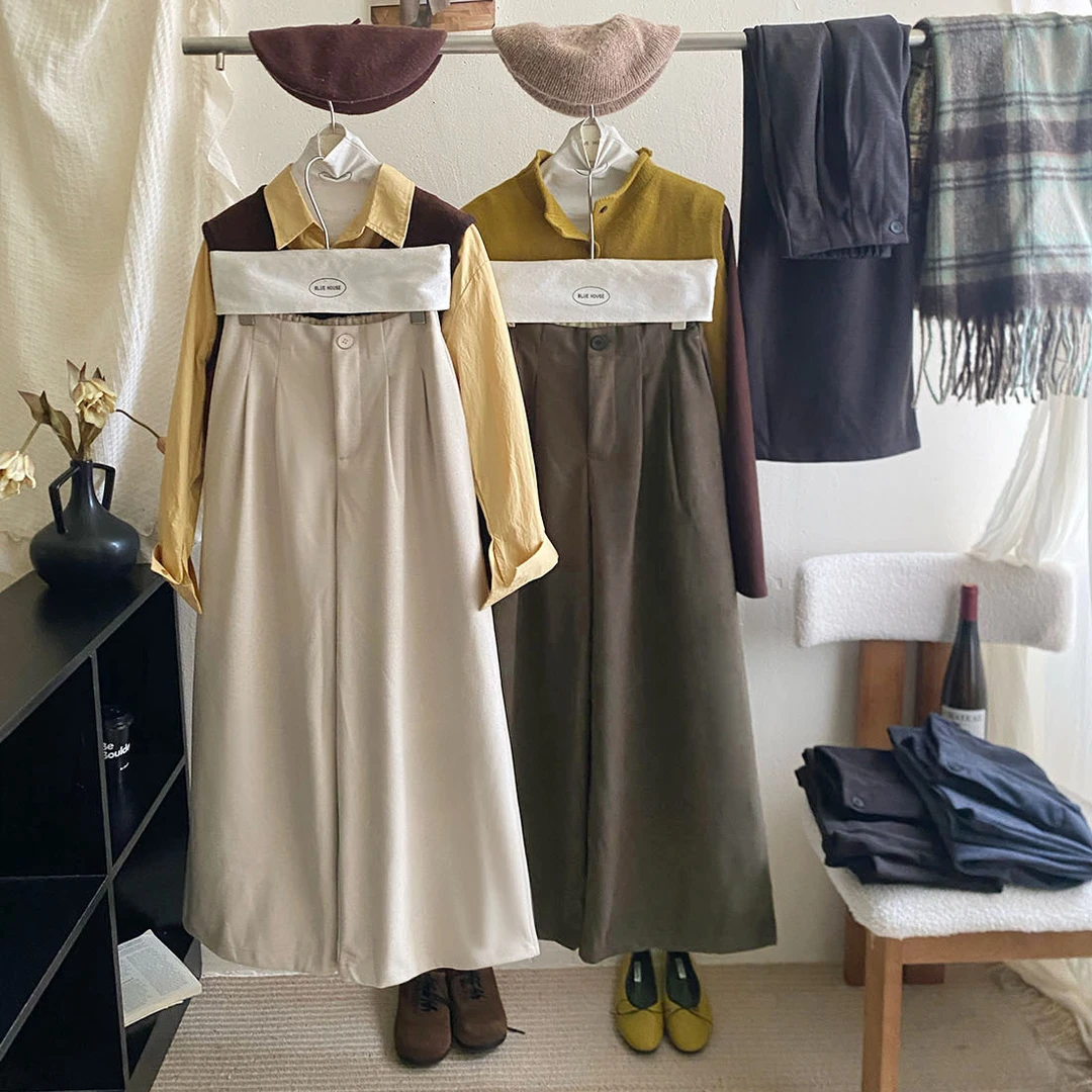 复古收褶高级毛呢西装裤女秋冬气质一粒扣百搭压褶休闲直筒阔腿裤