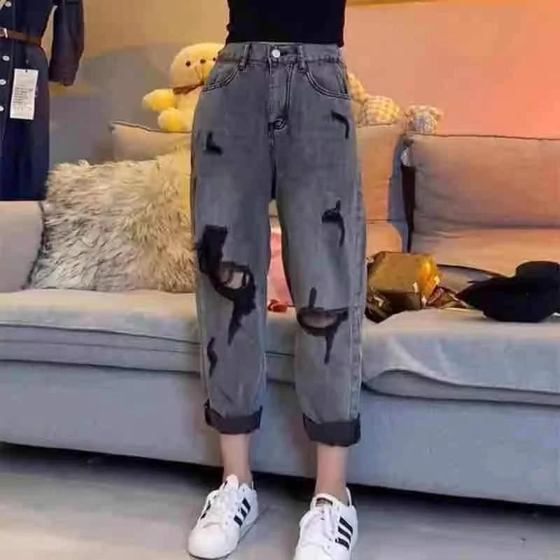 破洞九分牛仔裤女2025夏季新款直筒高腰老爹裤灰色宽松垂感哈伦裤