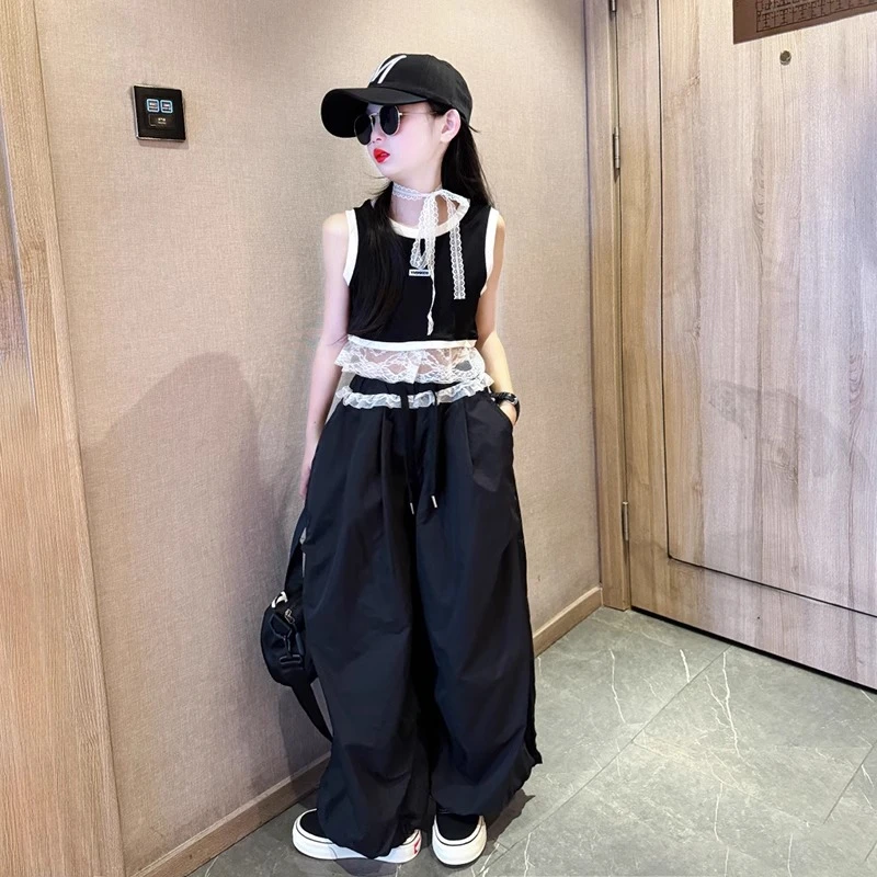 韩版女童潮酷穿搭夏季套装2025新款大童女孩美式蕾丝工装阔腿裤潮
