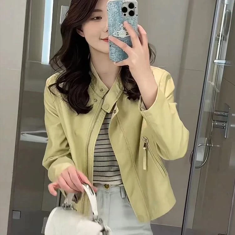 欧货圆领时尚皮衣短款外套女2025春季新款休闲气质夹克上衣机车服