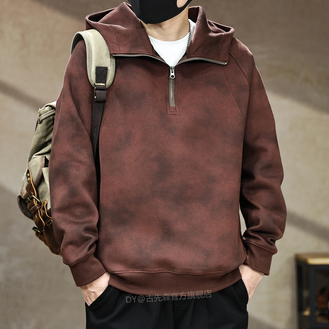 美式高端复古扎染插肩袖连帽卫衣男秋季新款宽松重磅半拉链外套潮