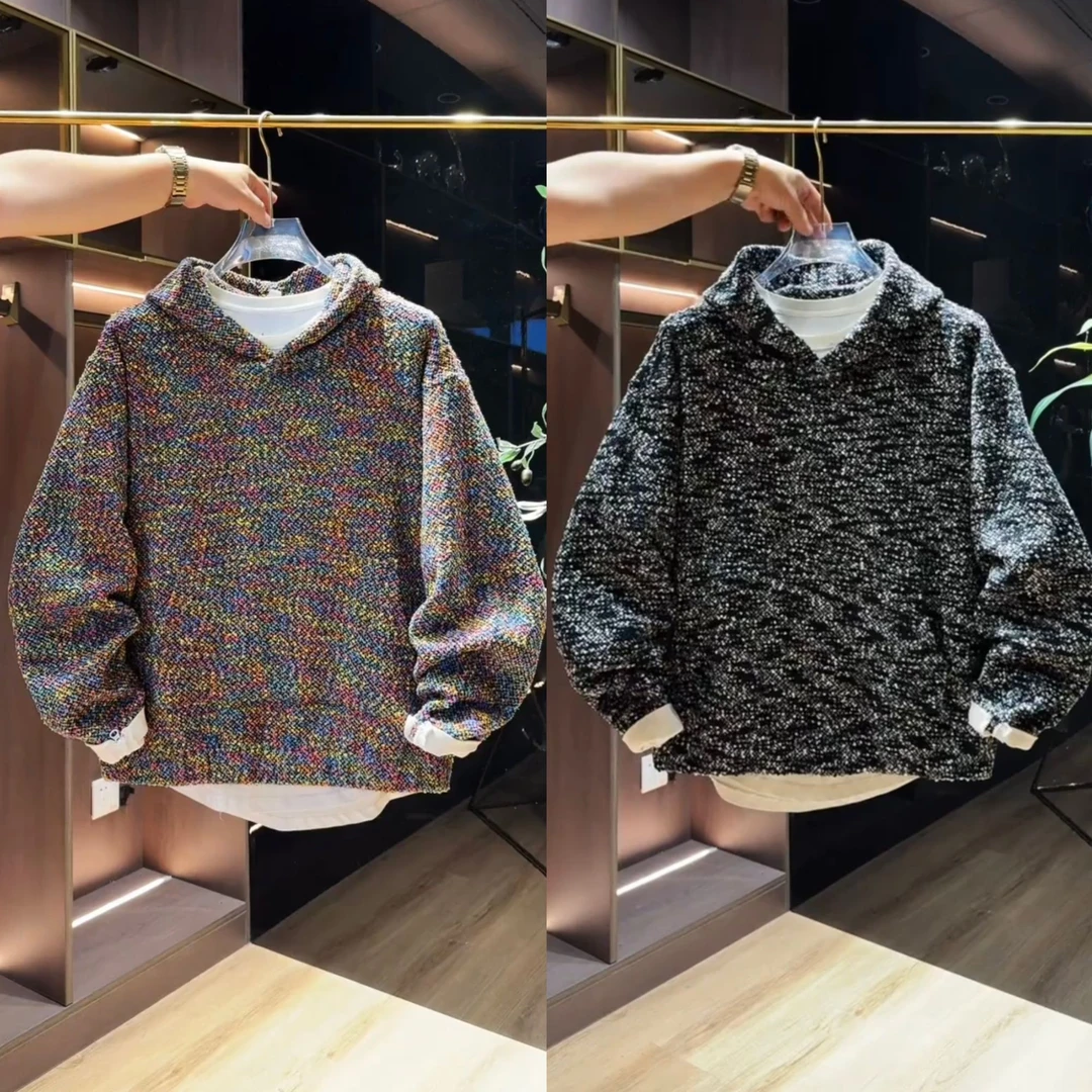 秋季上新小香风混色针织连帽卫衣男潮牌美式休闲宽松情侣套头毛衣