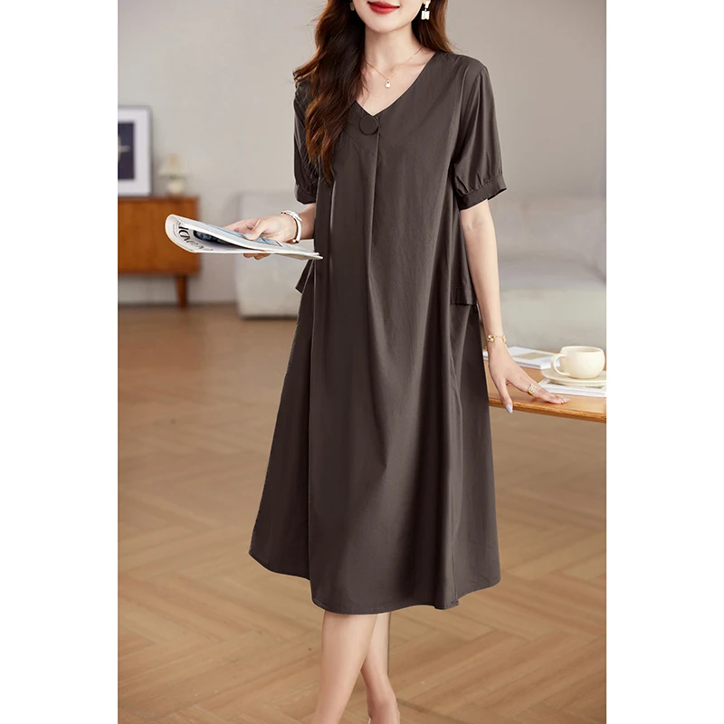 时尚全棉连衣裙中长款裙子宽松显瘦V领短袖长裙夏季百搭女装新款