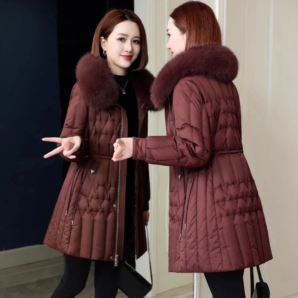 2025年冬季新款妈妈羽绒服中长款收腰显瘦狐狸毛领鹅绒服保暖外套