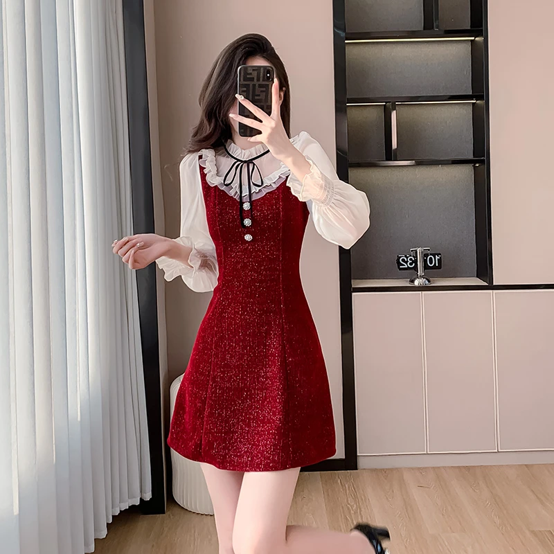 2025秋季新款法式名媛裙子小个子女秋冬打底假两件修身显瘦连衣裙