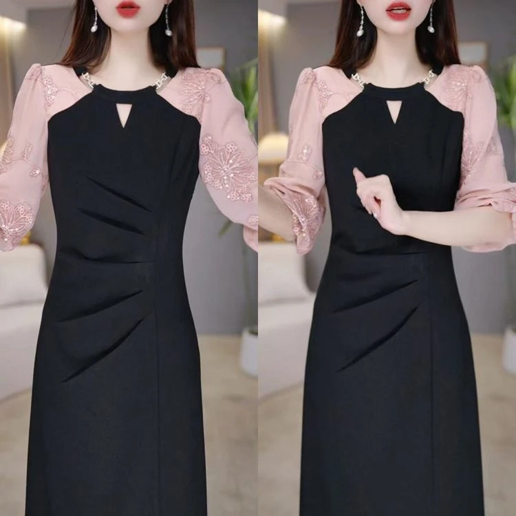 时尚弹力黑色精纺修身显瘦连衣裙女2025春秋新款气质减龄礼服裙子