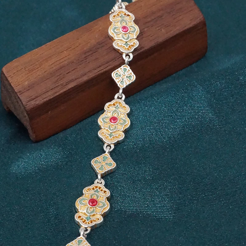云银雪山 足银手链 【珐琅四叶手链】复古风女款彩色古典手链 FC65