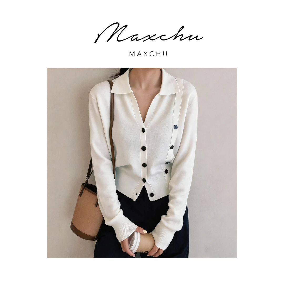 MAXCHU|秋冬双排扣长袖V领针织衫上衣毛衣小众设计感显瘦气质百搭