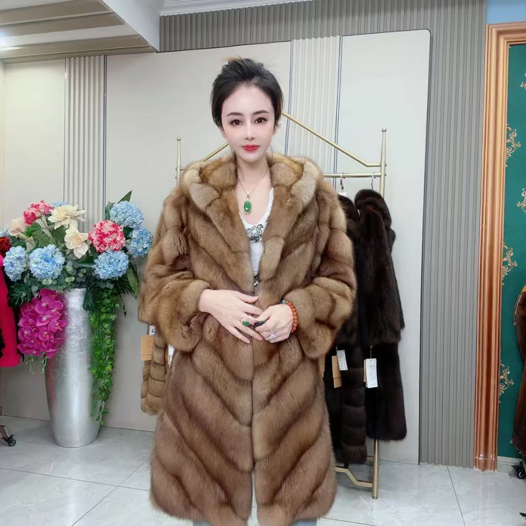 2406冬季新款高端咖色帽版紫貂皮草大衣外套CB-衣长83cm