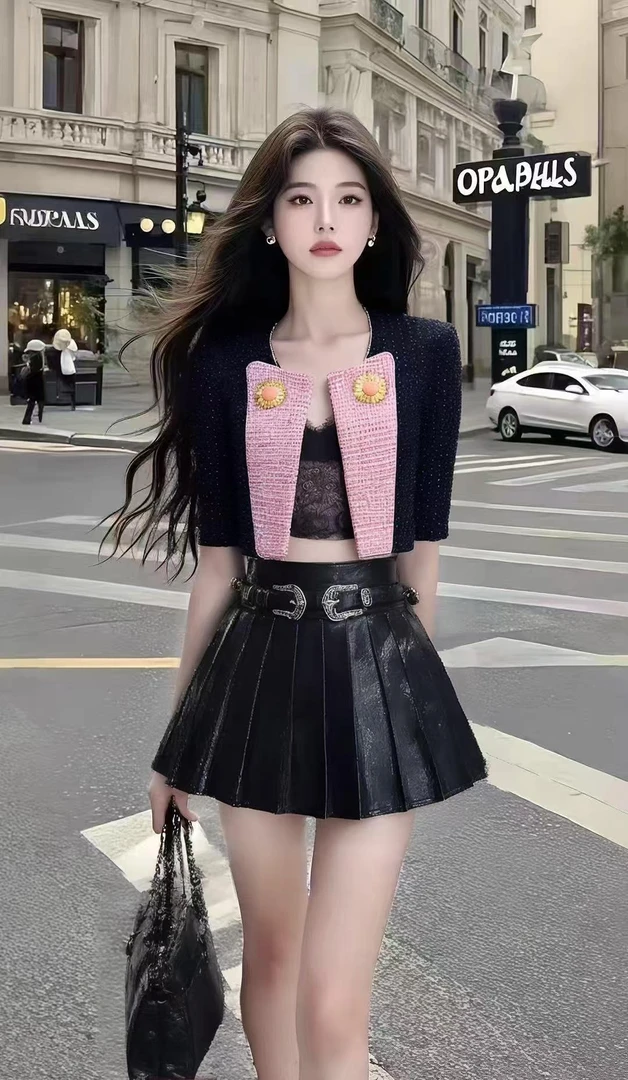 小香风气质辣妹黑色不规则设计感外套+黑色百褶高腰半身裙两件套