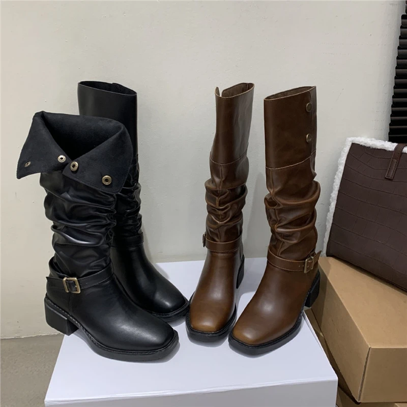 T567-8~粗跟法式复古西部牛仔长靴女2025年新款高筒褶皱堆堆靴