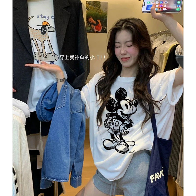 ins米奇前后图案休闲t恤潮牌百搭t恤上衣洋气女装纯棉短袖情侣装