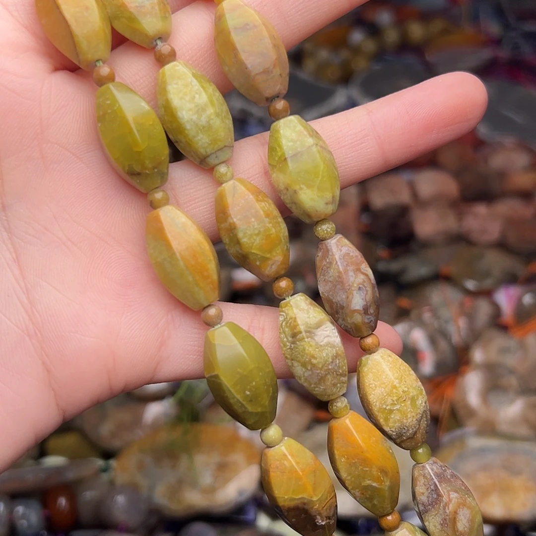 玛瑙/玉髓合金珠宝半成品G441。12.8mm天然图画石灯笼桶珠一条