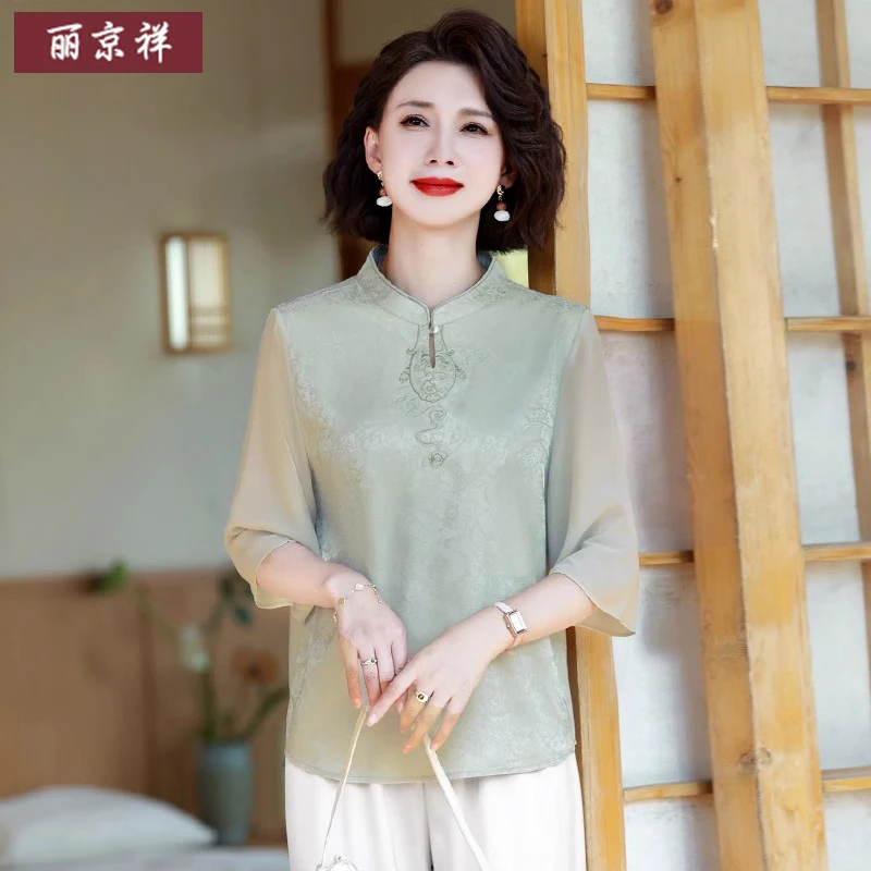新中式妈妈夏装雪纺衫短袖上衣2025新款中老年人女中国民族风套装