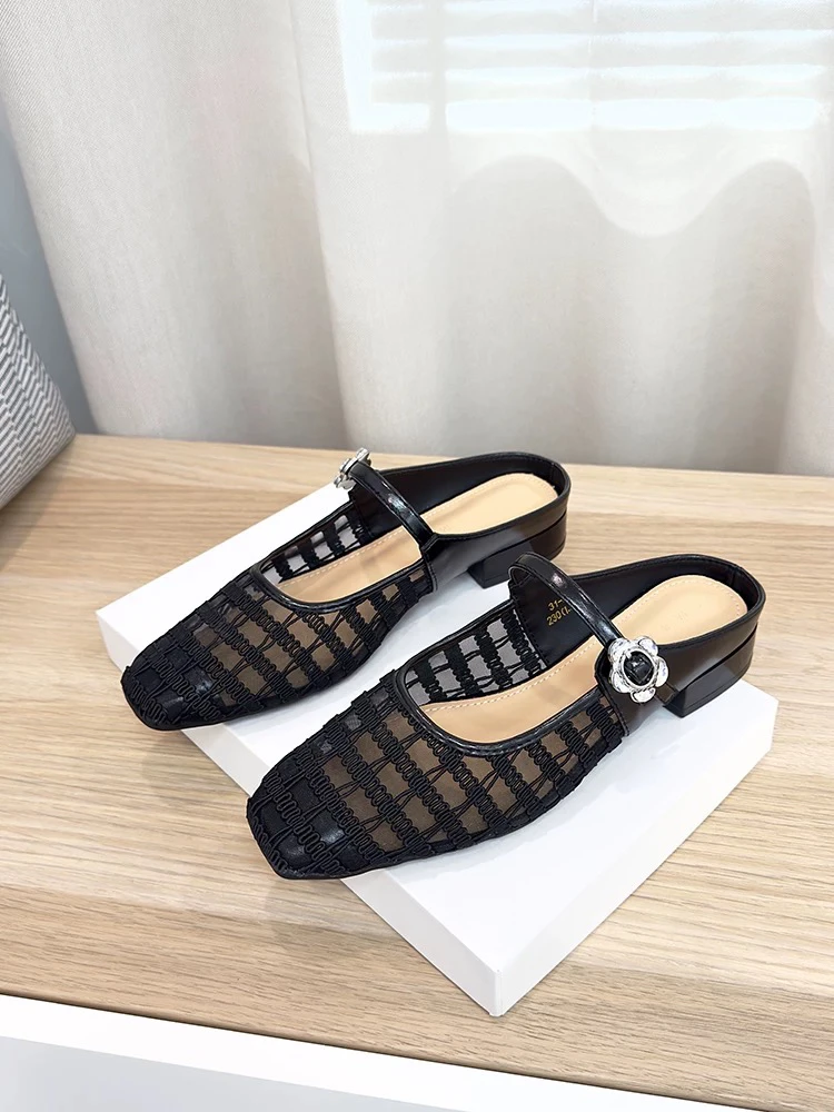 方头镂空包头半拖女透气网纱粗跟中跟凉拖鞋夏季外穿