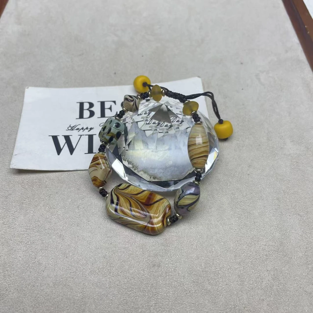 合金手链 LZ6769-1 咖色波点扁珠琉璃手链 颜色花纹随机 盒