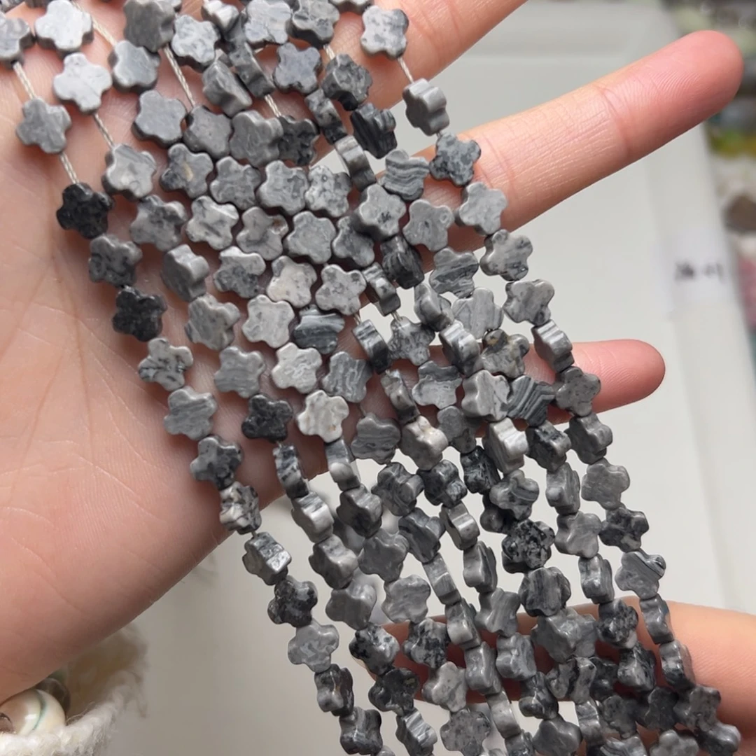 玛瑙/玉髓合金珠宝半成品K296 8mm地图石四叶草一条