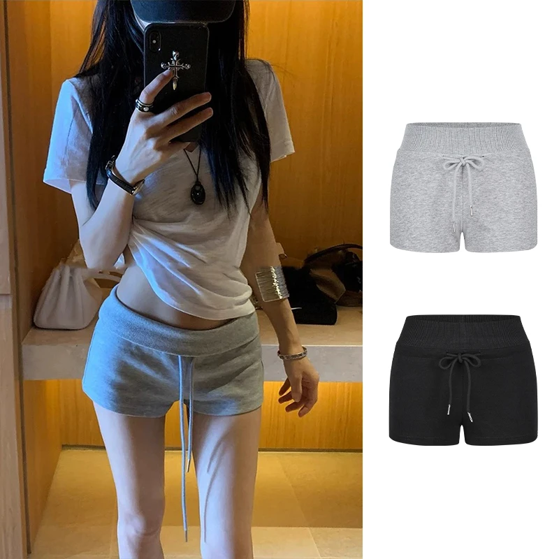 Moses Queen/魔西女王美式辣妹灰色抽绳裤子高腰运动休闲短裤