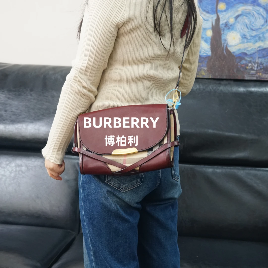95新 BURBERRY/博柏利 巴宝莉/格纹拼皮斜挎包/FYBB10527004/7004