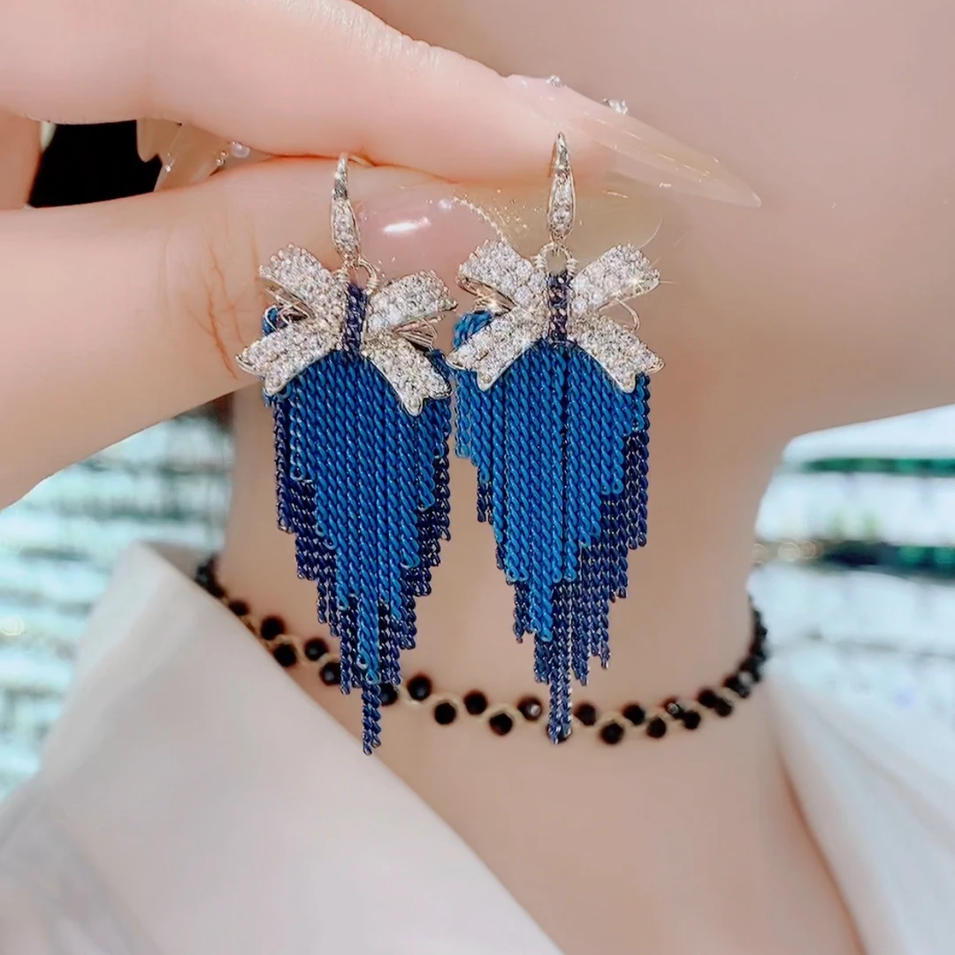 铜合金合成锆石耳饰 169蓝色瑞丽风流苏精美百搭时尚轻奢耳环
