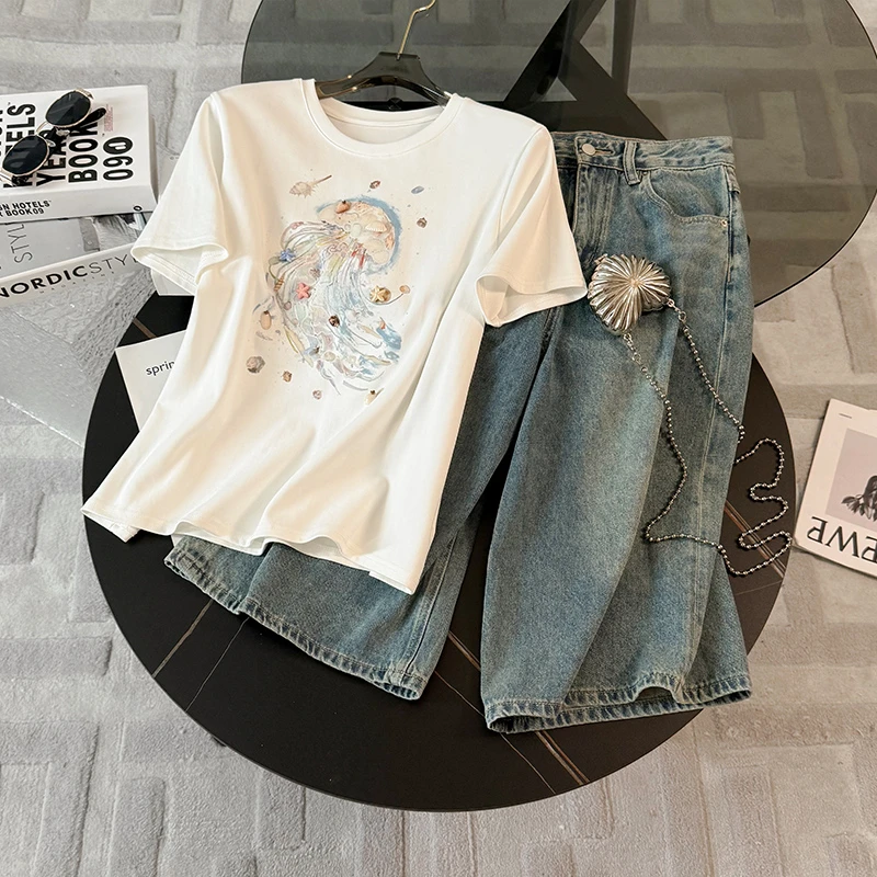 欧货休闲时尚套装女夏季新款圆领贝壳星星T恤宽松牛仔中裤两件套