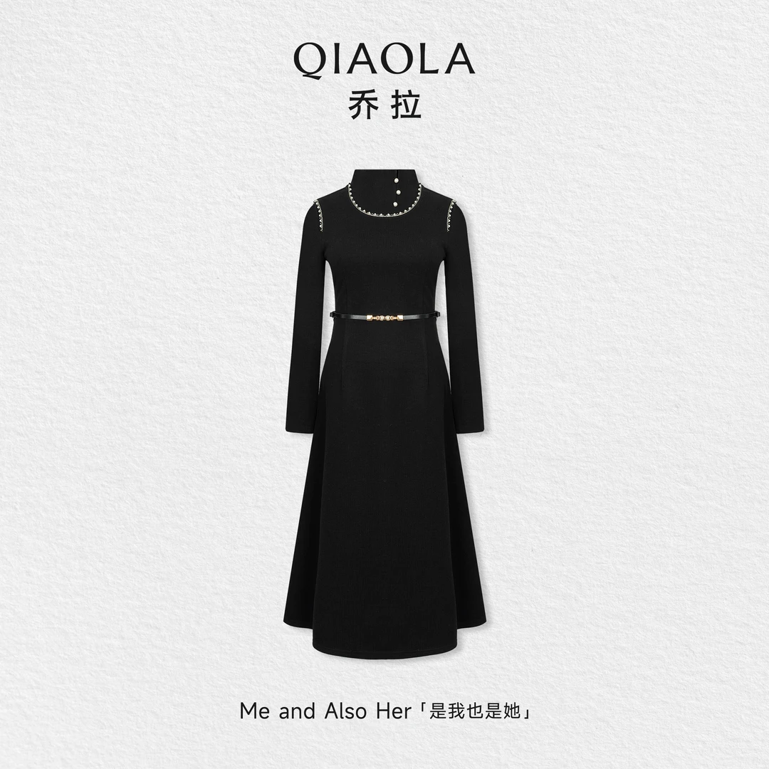 QIAOLA/乔拉【摇曳晚星】秋冬针织假两件高领时尚气质感连衣裙