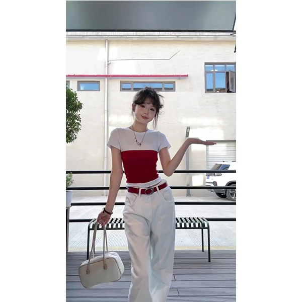 韩系多巴胺拼接假两件短袖设计感修身显瘦短款上衣白色长裤两件套