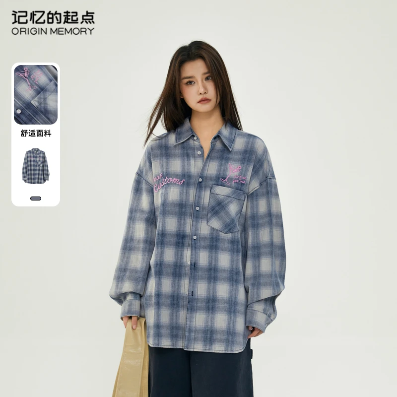 记忆的起点韩系蓝色格子衬衫2025年春新款刺绣衬衣69TC15056