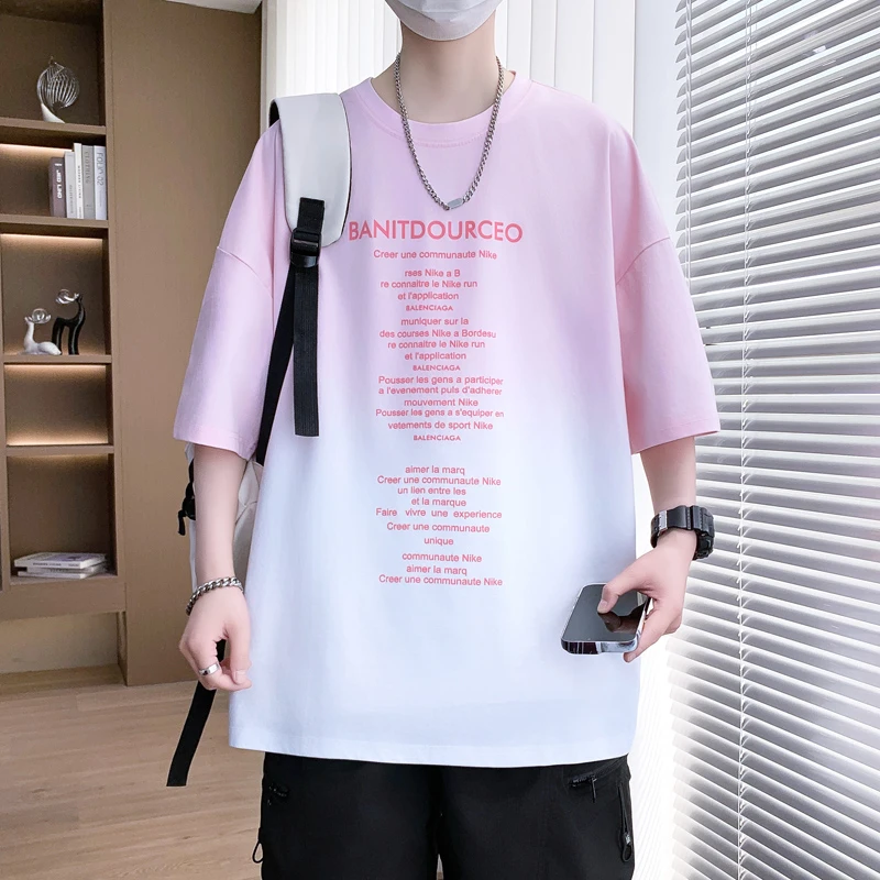 2025新款夏季短袖男士棉T恤青少年渐变半袖上衣夏天男装宽松t体恤