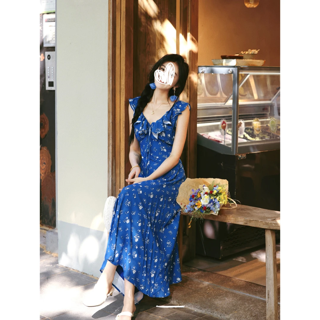 法式复古连衣裙荷叶边收腰长裙克莱因蓝清凉裙V领度假裙