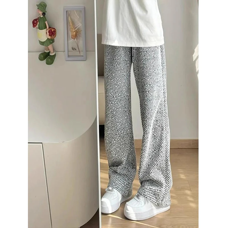 小香风细闪粗花裤子男款春季潮牌美式条纹针织裤宽松直筒重磅卫裤
