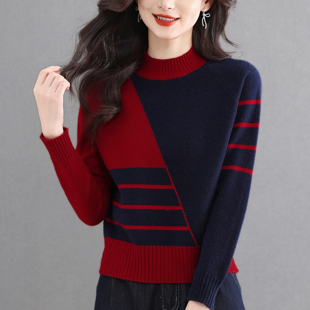 短款撞色打底衫冬季新款时尚大码女装上衣内搭时髦洋气减龄毛衣女