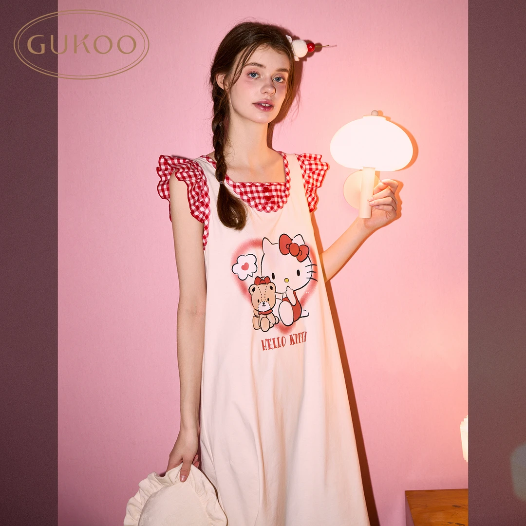 Gukoo/果壳HelloKitty夏季红色格子睡裙全棉纯棉睡衣女无袖甜美